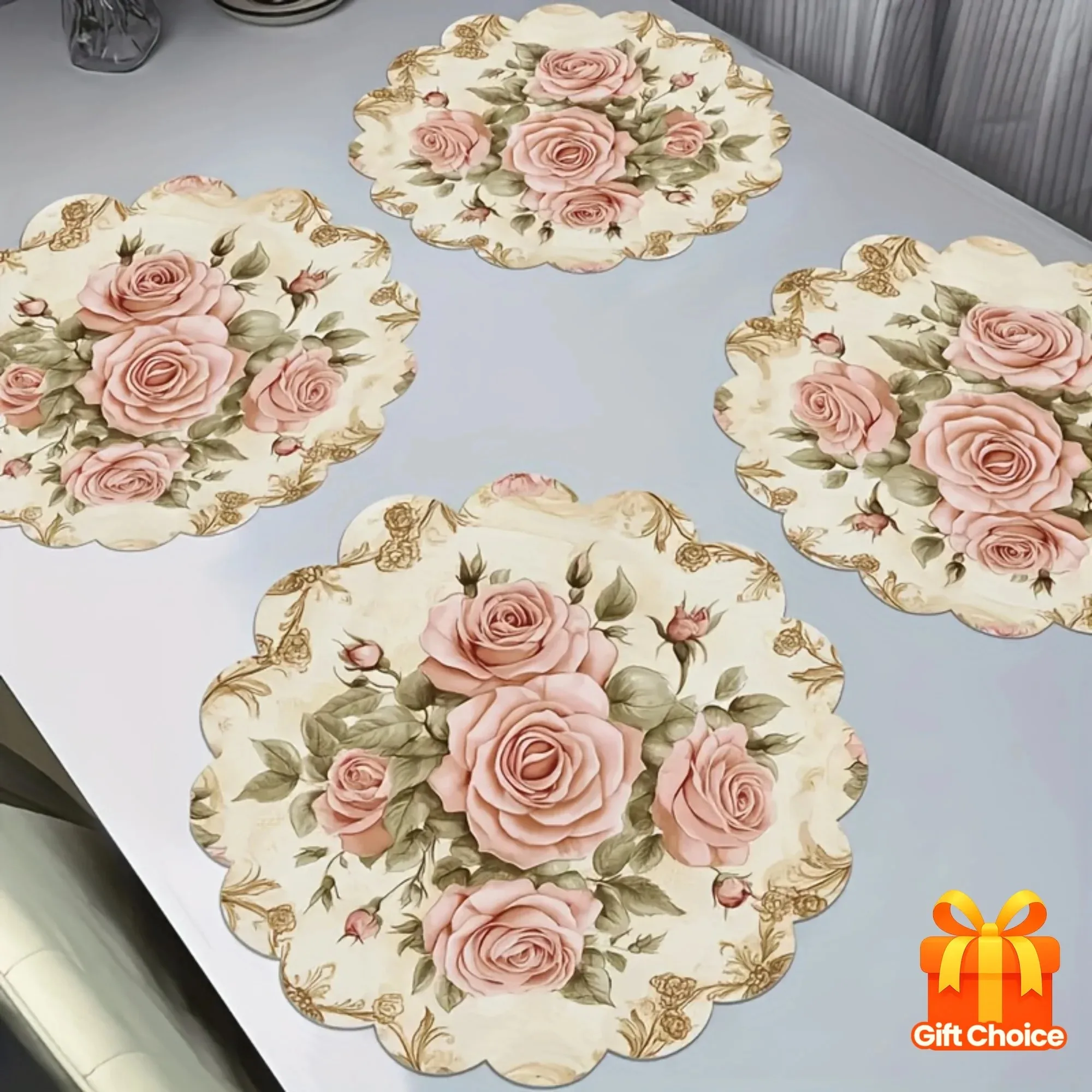 VIKAMA Vintage Blush Rose Round Placemats Set of 4 Cream Gold Scroll Floral Table Mats for Dining Table Decor Shabby Chic Party