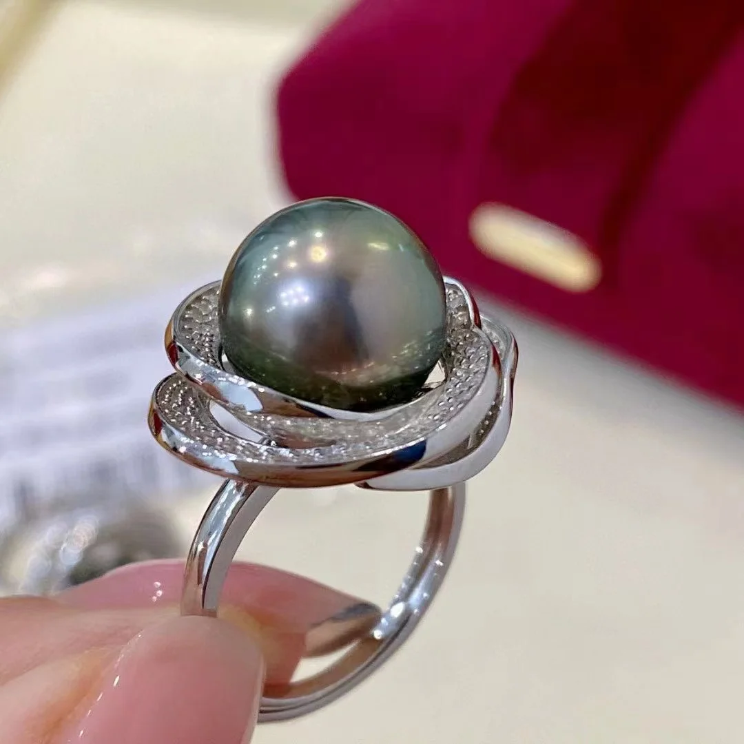 

New 925 Sterling Silver 11-12mm Seawater Pearl Ring Real Near Round Tahiti Black Pearl Fashion Wedding Jewelry Gifts for Women