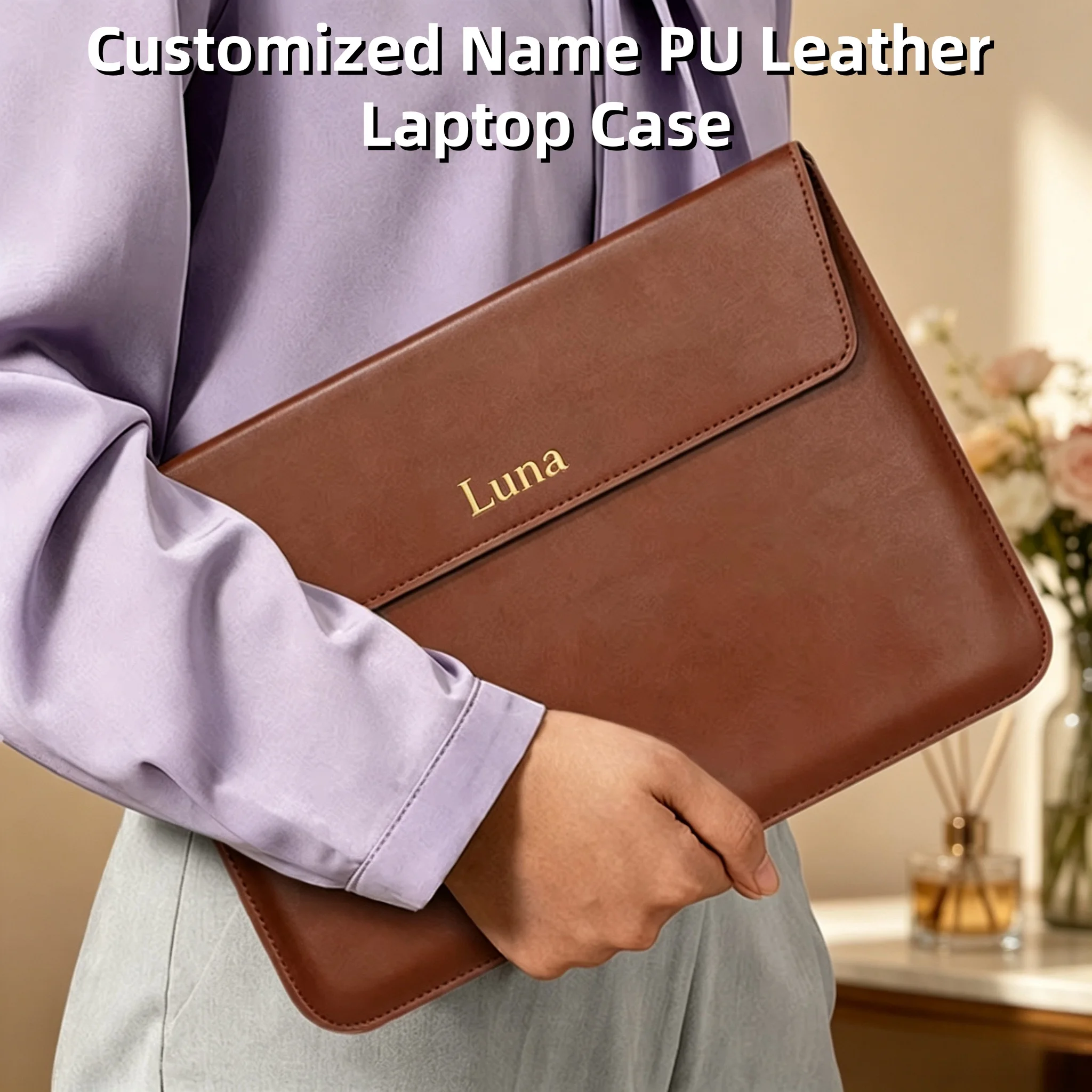 Customized Name Portable Slim PU Leather Men's and Women's Laptop Case Bag 13/15 English Computer Stand Computer Bag