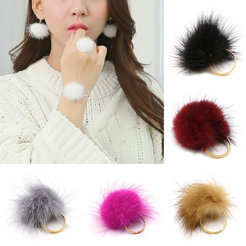 Trendy Jewelry Accessories Resizable Fluffy Pompom Ball Ring For Women Girl