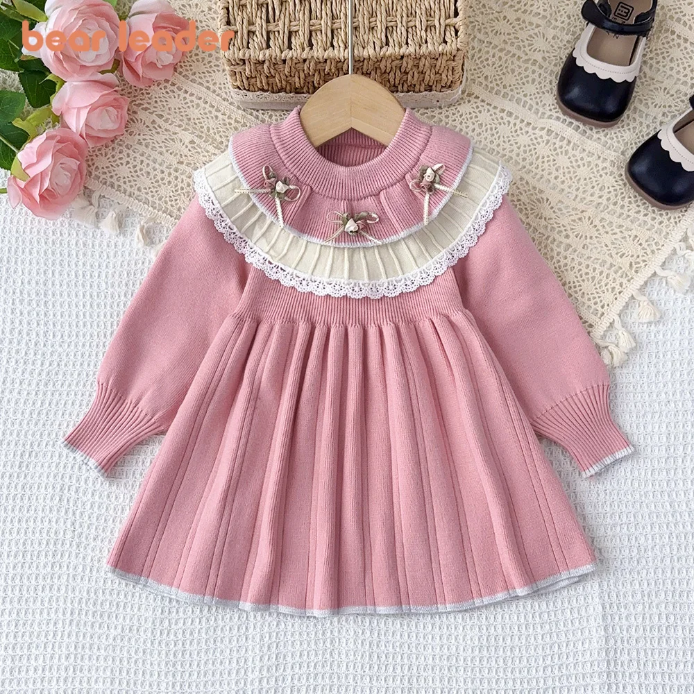 Bear Leader Pink Long Sleeved Lace Patchwork Bow Sweater Dress Sweet Cute Princess Pleated A-line Dresses Winter Girls Clothes