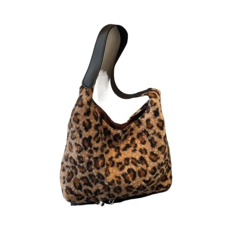 Leopard Print Plush Bag for Women Large Capacity 2024 New Autumn and Winter Single Shoulder Armpit Bag Commuting Tote Bag Paket