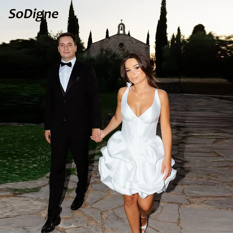

SoDigne A-line Short Wedding Dresses Sleeveless V-neck Pleat Bridal Dress Mini Beach Wedding Gown Robe De Mairee Customized