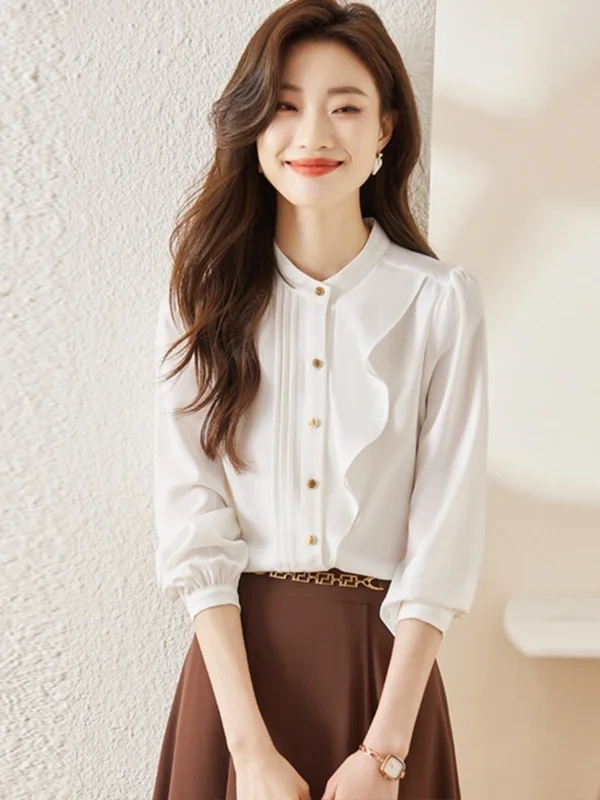 Langarmshirts für Damen, gestreift, Baumwolle, Knopfleiste, lockere Passform, minimalistisch, feminin, jugendlich, adrettes Frühlings-Freizeit-Outfit