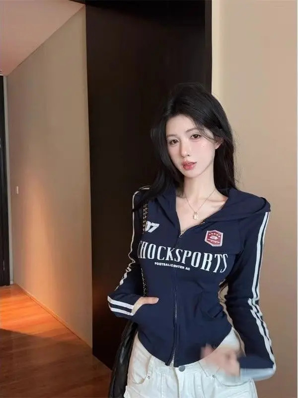 American Design Style Hoodie Jacket Women's Spring Autumn Slim Fit Trendy Letter Print Zipper Versatile Top Ladies Fashion