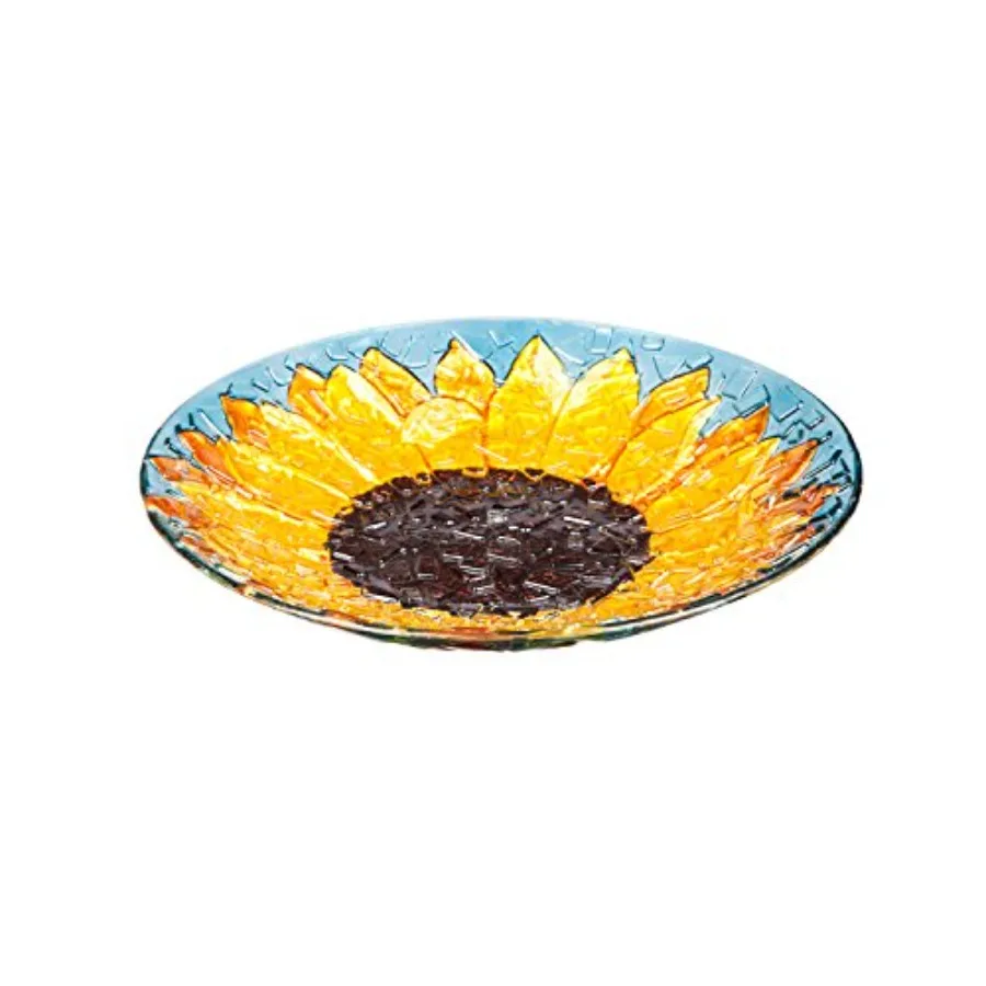 

18" Glass Bird Bath Bowl for Outdoors | Hand Painted Glass | Embossed Shape | Bowl Only - no Stand Included | Summer Sunfloweres Fade and Weather Resistant Outdoor Decoration