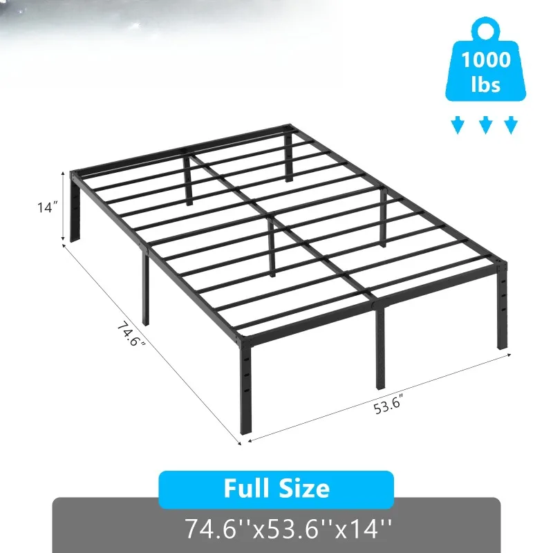 Black full-size platform bed frame 14 inches tall, modern stainless steel iron portable stylish metal bed frame