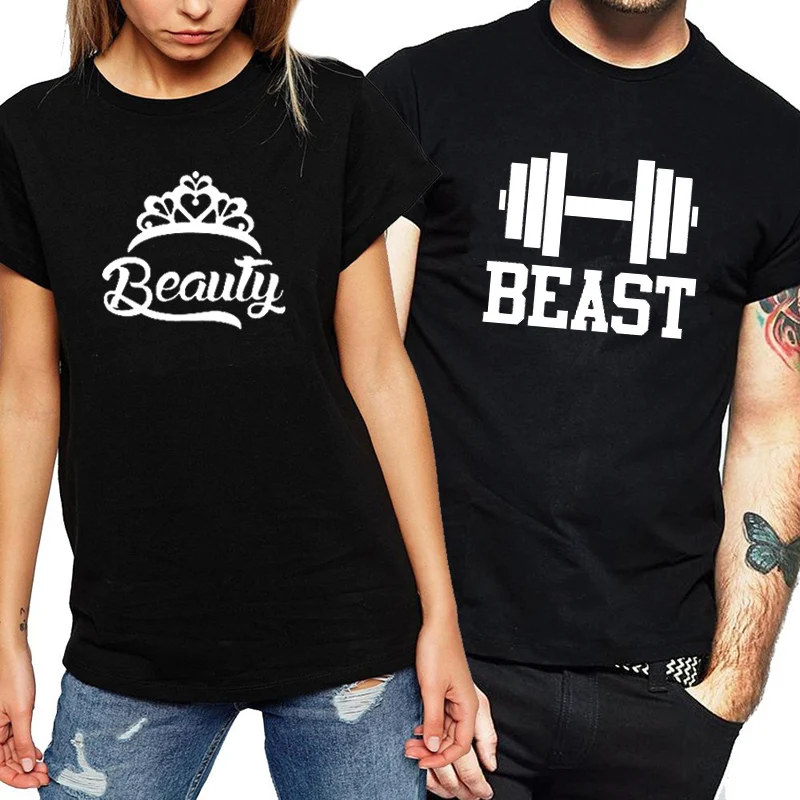 Summer Tops Beast Beauty Letter Print T Shirt Dumbbell Crown Graphic Couple Tees  Women Men O Neck T-shirt