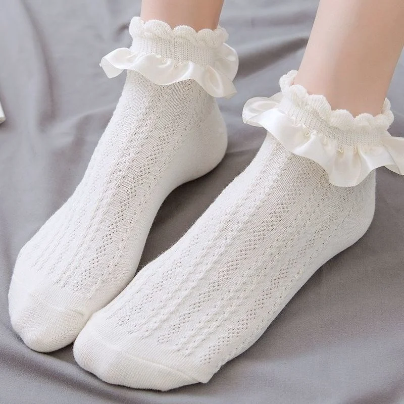 ถุงเท้าน่ารัก Lolita Ruffle สีขาว Kawaii Lolita Calcetines ชุดคอสเพลย์อุปกรณ์เสริมลูกไม้ถุงเท้าการ์ตูนอะนิเมะสาวหวานของขวัญ