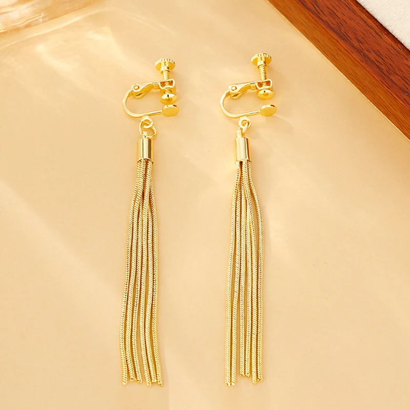 High Quality Metal Chain Tassel Clip on Earrings Without Piercing Ear Clips for Women Vintage Simple Party Jewelry Accessories