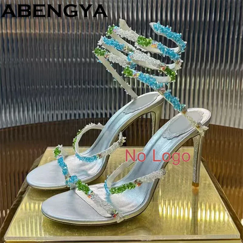 Hot Sale Colorful Crystal Ankle Strap Sandals Women Thin Heels Leather Dress Shoes Summer Pumps Wedding Gladiator Sandals Women