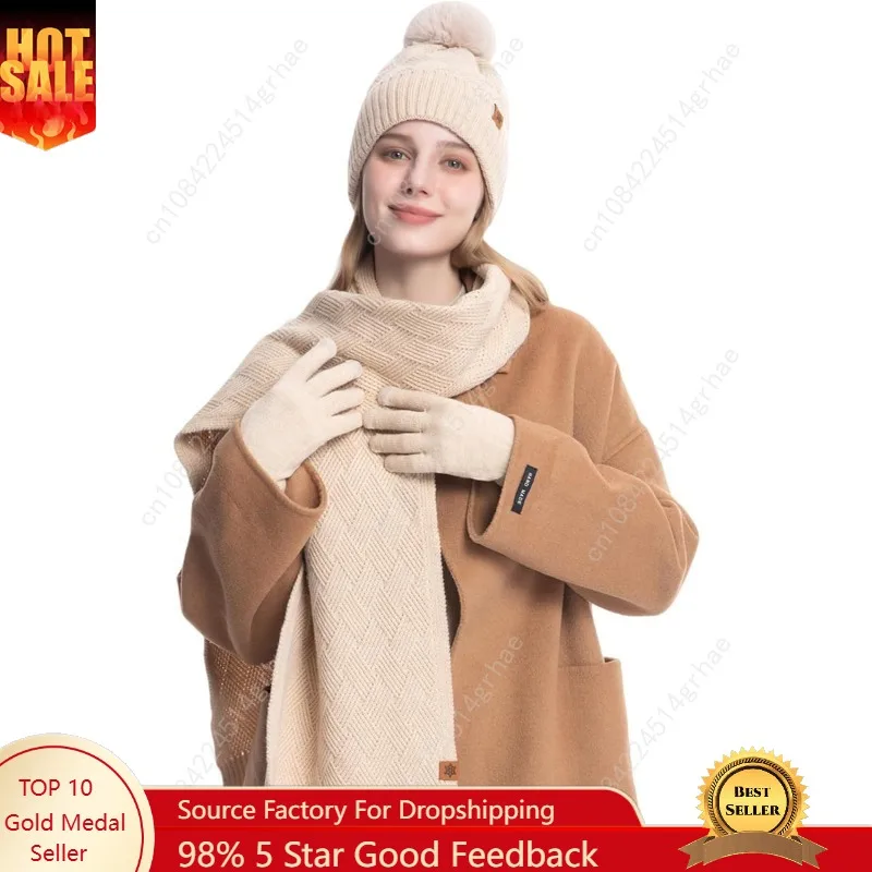 

Winter Beanie Hat, Scarf, Gloves Set for Women – Soft, Warm, Touchscreen-Compatible, Fleece-Lined Knit Beanie with Pom Pom