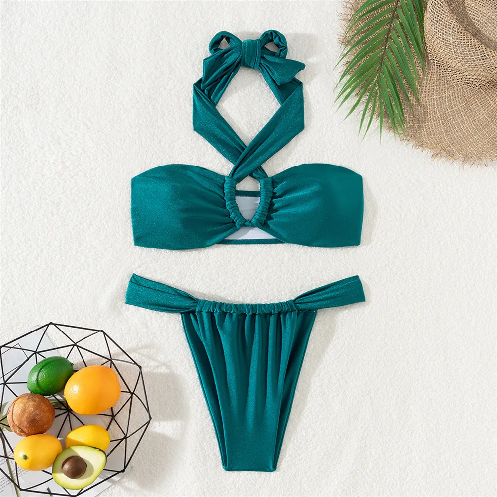 

Зеленые блестящие комплекты бикини-бандо с лямкой на шее, микро-стринги, сексуальные купальники для женщин, 2022, ажурные купальники, бразильское бикини Mujer