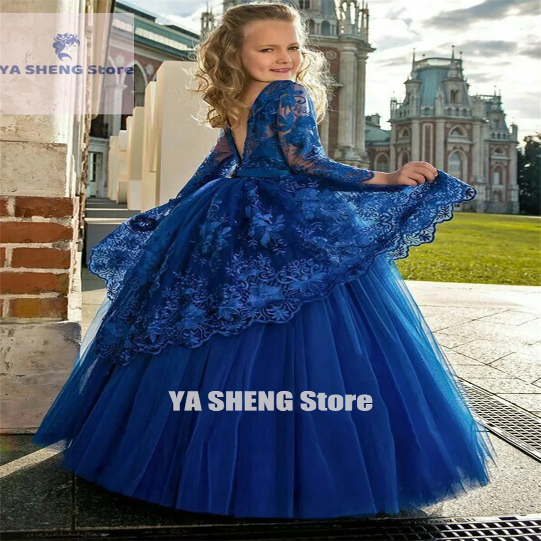 

Blue Tulle Puffy Flower Girl Dress For Wedding Applique Lace Full Sleeve Backless Child's First Eucharistic Birthday Party Dress