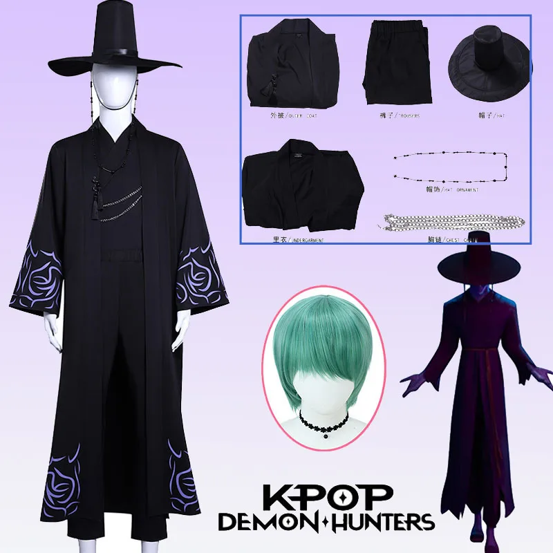 

Movie KPop Охотники на демонов Иinu Saja Mystery Baby Косплей Костюм Парик Saja Мальчики Черный сценический наряд Шляпа Парик Цепи