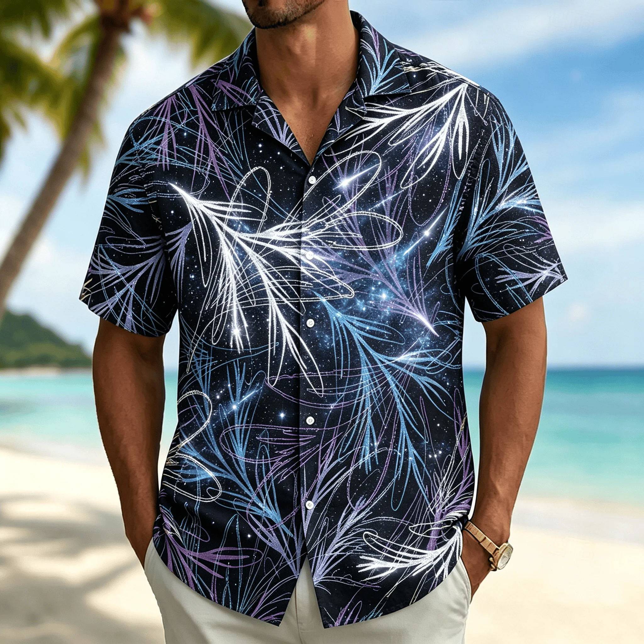 

Men's Galaxy Feather Print Short Sleeve Shirt, Black Base Accents, Casual Hawaiian Button Down Top for Spring & Summer