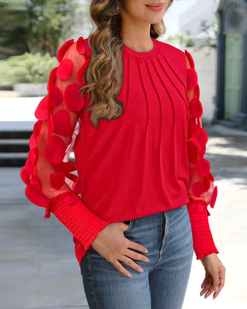 Petal sleeves drawstring sleeves solid color top for women T-shirt pullover tops 2025 autumn winter spring new fashion casual