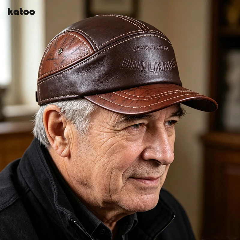 2026 Winter Man Genuine Leather Baseball Caps Male Casual Cowhide Belt Ear Warm 56-60 Adjustable Splice Flight Hats