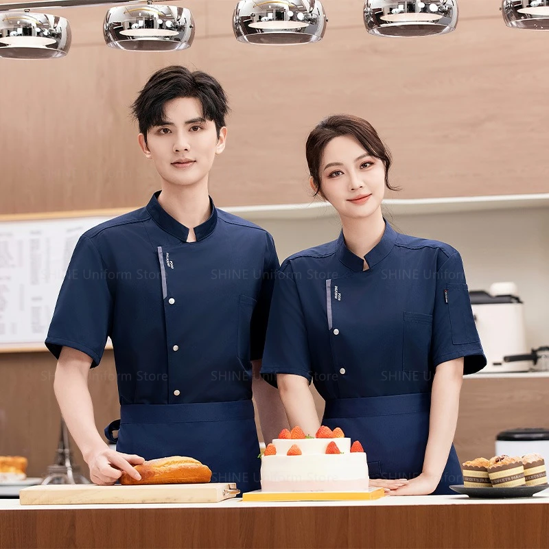 Manteau de Chef de cuisine de Restaurant, vêtements de travail noirs, veste de Chef en maille respirante à manches courtes, uniforme de chef avec tablier, accessoires pour hommes