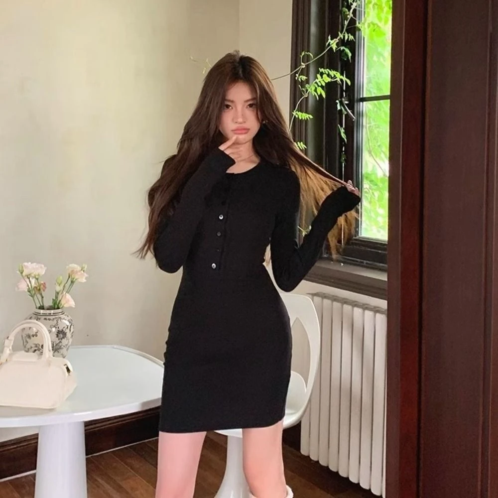 

Elegant Simple Black Bodycon Dress Long Sleeve V-neck Slim Fit Short Dress Base Buckle Women Tight Dress Party