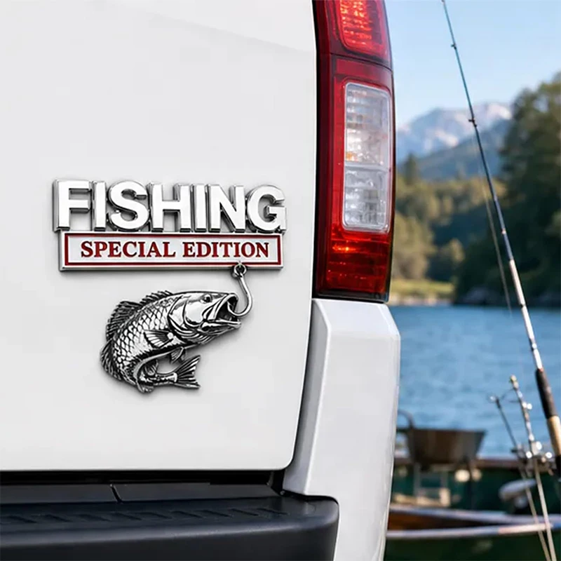Metal Fishing Emblem 3D Raised Design Fish Hook Vehicle Decal For Truck SUV Angler Personalized Auto Exterior Decor Accessory