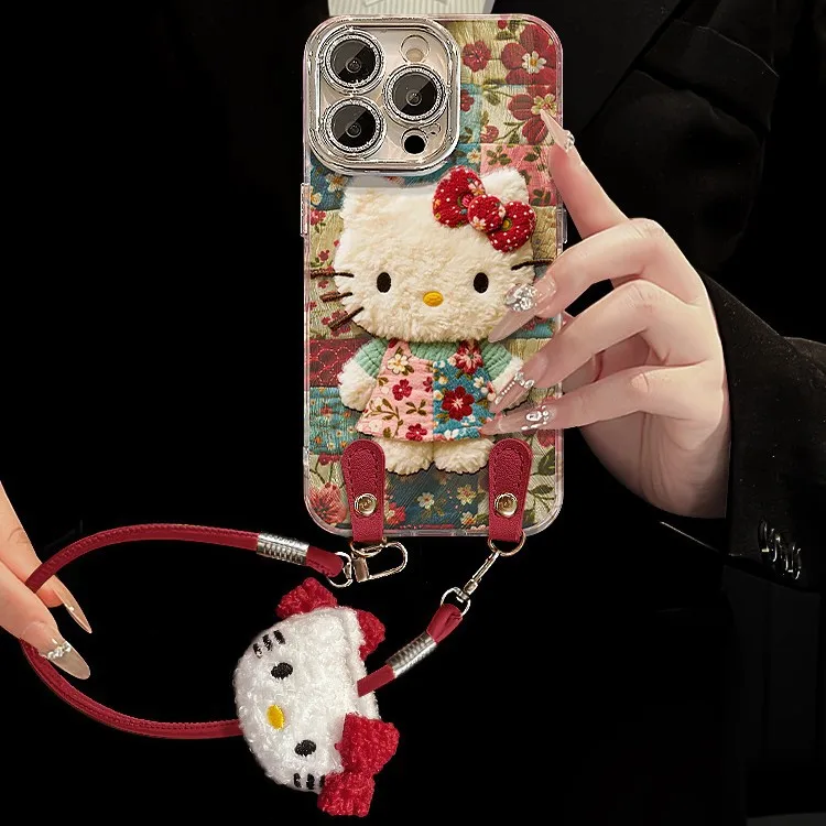 

Floral Print Hello Kitty Doll Lanyard Phone Case for iPhone 17 Pro Max 16 Plus 15 Pro 14 13 12 11 Full Coverage Protective Case