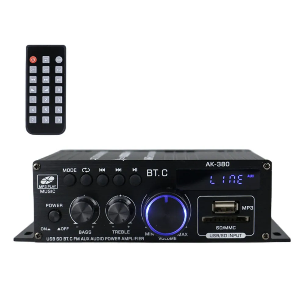 

AK380 Bluetooth-Compatible Amplifier 2 Channel Digital Amplifiers Audio HIFI Bass Music Player USB AUX Karaoke for Home Car