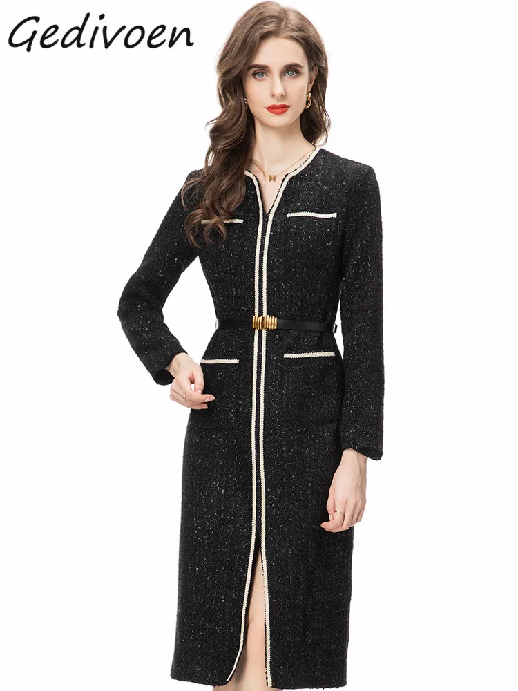 

Gedivoen Winter Fashion Runway Black Vintage Party Dress Women V Neck Sashes Pocket High Waist Package Buttocks Slim Midi Dress