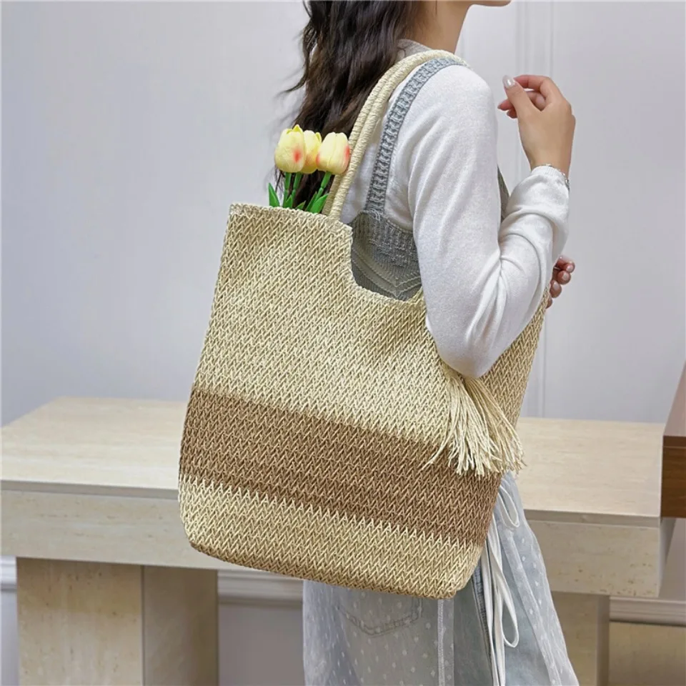 

Fashion Women Summer Straw Woven Shoulder Bag Casual Large Capacity Beach Bag Ladies Handmade Weave Daily Shopping Tote Handbags