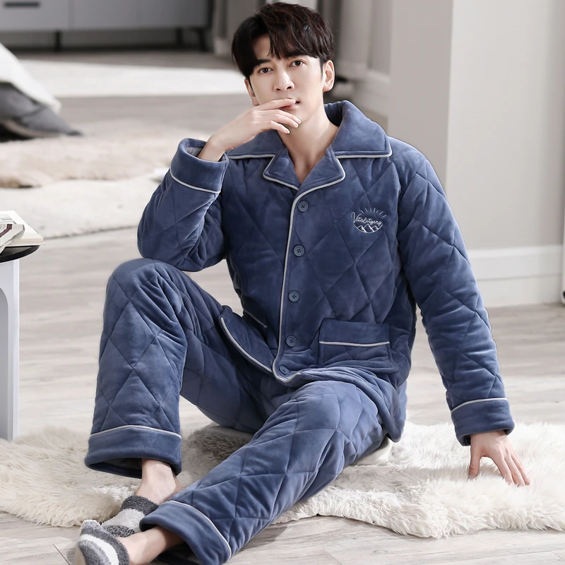 Winter Thick 3Layer Quilted Men Letter Pajamas Set Of Sleep Tops & Bottoms Male Flannel Keep Warm Sleepwear Thermal Home Clothes