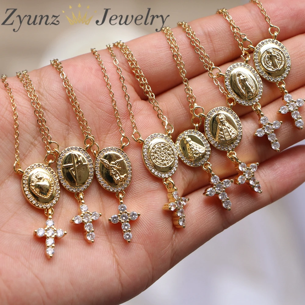 10PCS, Zircon Cross Jesus Virgin Mary Pendant Charm Chain Necklace For Catholic Christian Jewelry