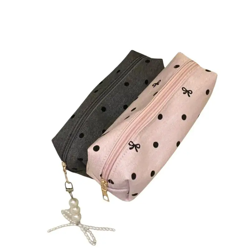 Tragbare Stoff-Federtasche für Schüler im koreanischen Stil, gepunktete Federtasche mit großer Kapazität, modischer Schreibwaren-Organizer, Kosmetiktasche – Detail 6