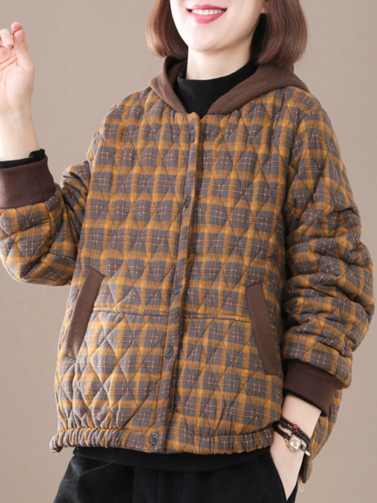 Cotton Down Coats for Women Winter Fall Fashion High-end Vintage Plaid Long Sleeve Warm Thicken Casual Hoodie Jackets