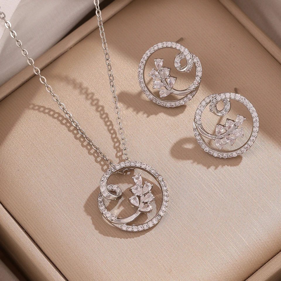 ZAKOL Zirconia Flower Leaf Pendant Necklace Earrings Set