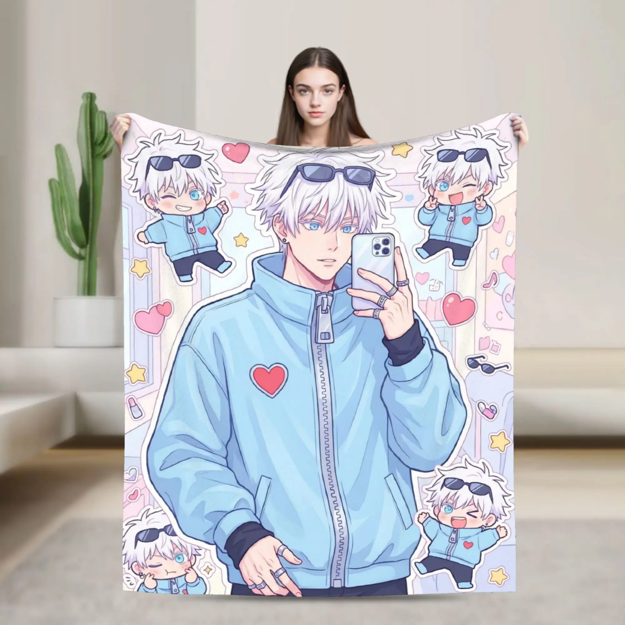 Casual Satoru Gojo In Blue Blanket  Warm Soft Aesthetic Plush Throw Blanket For Kids Living Room Flannel Bedspread Bed Cover