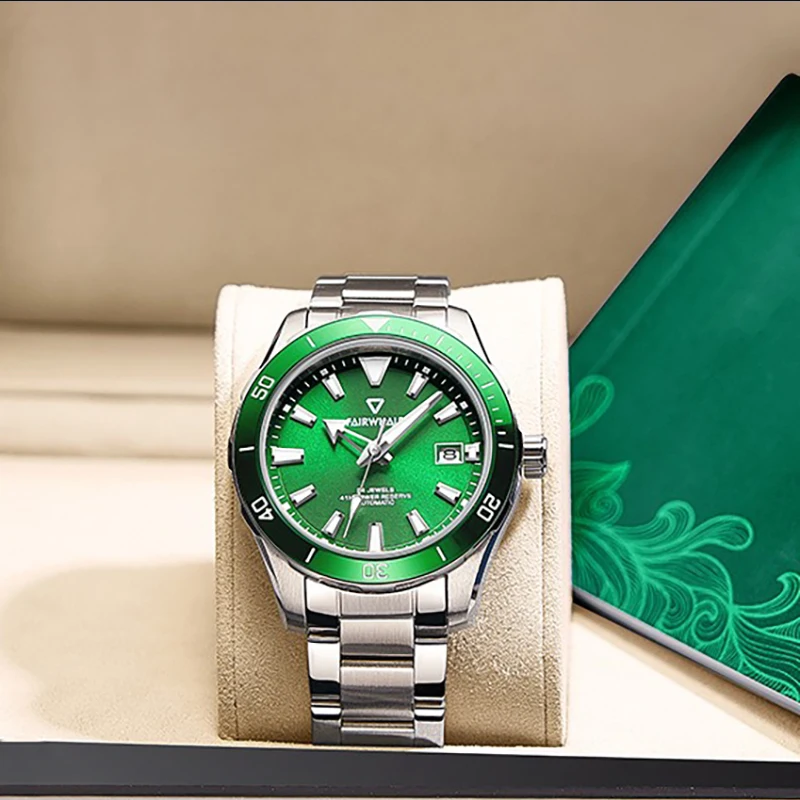 men automatic mechanical luminous green water ghost luxury watch100m waterproof screw down crown stainless steel strap43mm  dial
