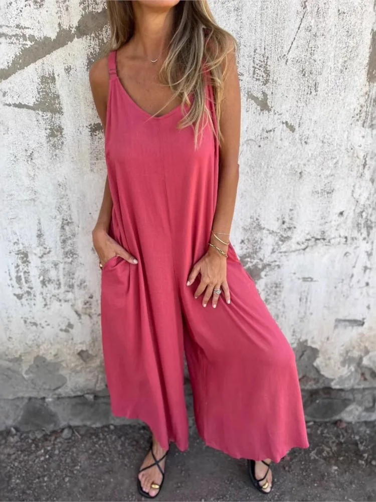 Spring And Summer New Daily Casual Commuting Women's Jumpsuits Fashionable Simple Style Solid Color Suspenders Loose Jumpsuits