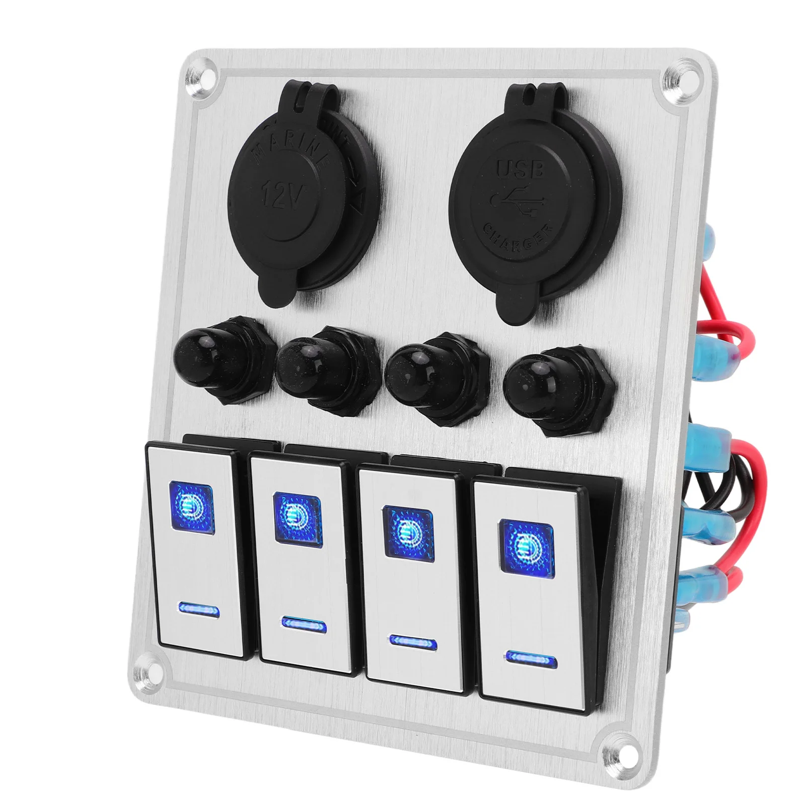 4 Gang Rocker Switch Panel (Waterproof, Marine Boat Toggle, Silver Oxide, Double Blue Light, On Off Function) - Durable Marine