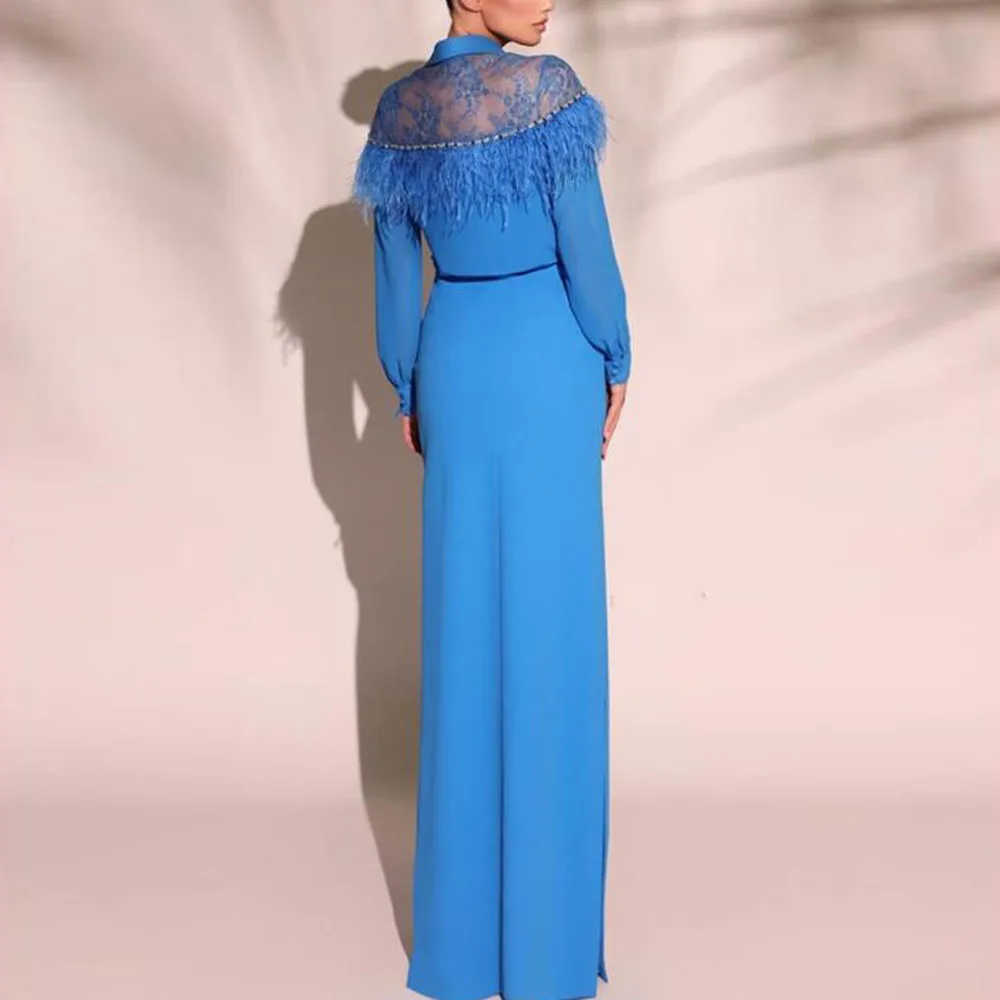 Customized Empire Waist Straight Evening Dresses Blue Long Feather Wedding Guest Formal Gown Lace Long Sleeve Casual Dress