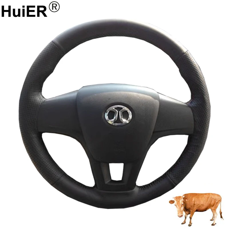 Cow True Leather Hand Sewing Car Steering Wheel Cover For Baic Senova D20 2015 2016 Braid On Steering-wheel Wrap