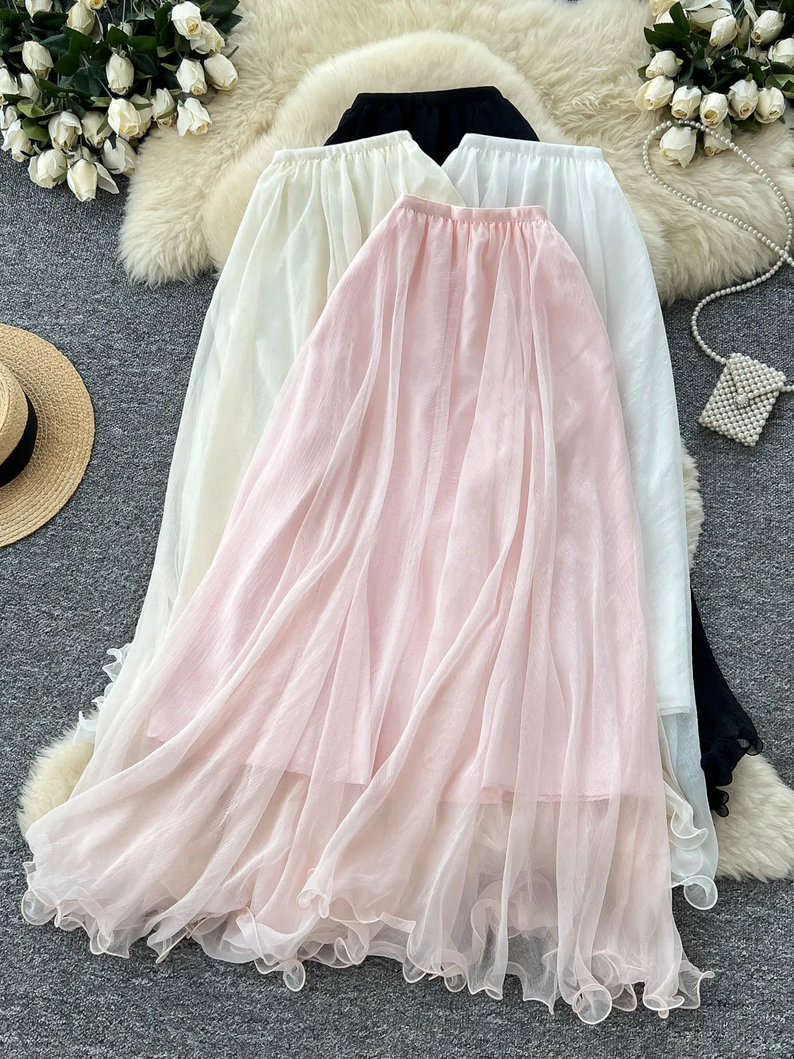 Women Pink Skirt High Waist Mesh Skirt A-Line Midi Skirt Y2K Gyaru Vintage Korean Style Long Skirt for Women Summer Autumn 2026