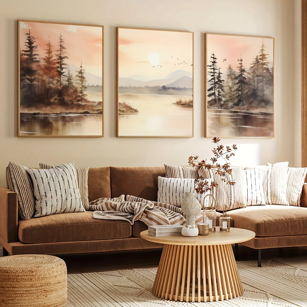 3PCS frameless decorative art print,Canvas Poster Morning Mist Landscape Watercolor Foggy River Black Mountain Frameless Living