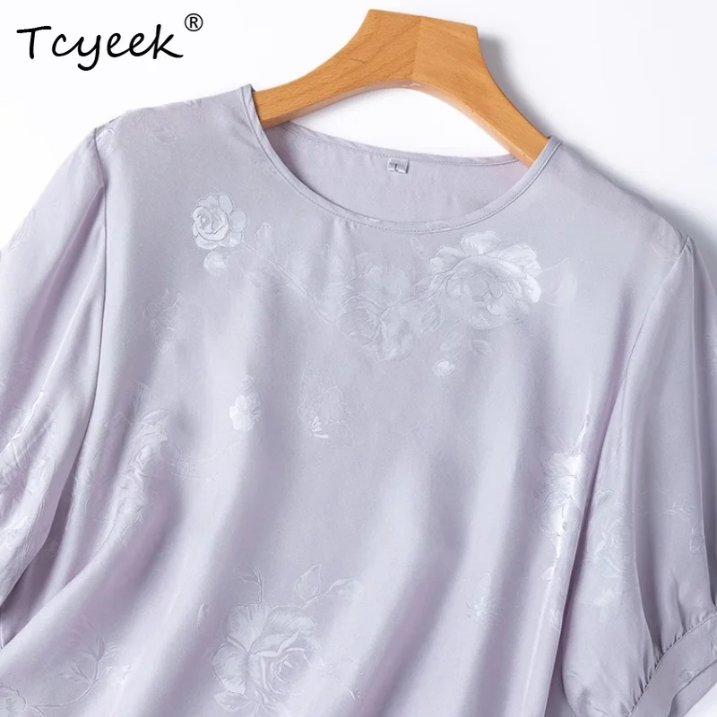 

Tcyeek Summer 100% Mulberry Silk Tshirts,Women Satin Jacquard O-Neck Lantern Sleeves Straight Tshirts,New 2025 T55809JF