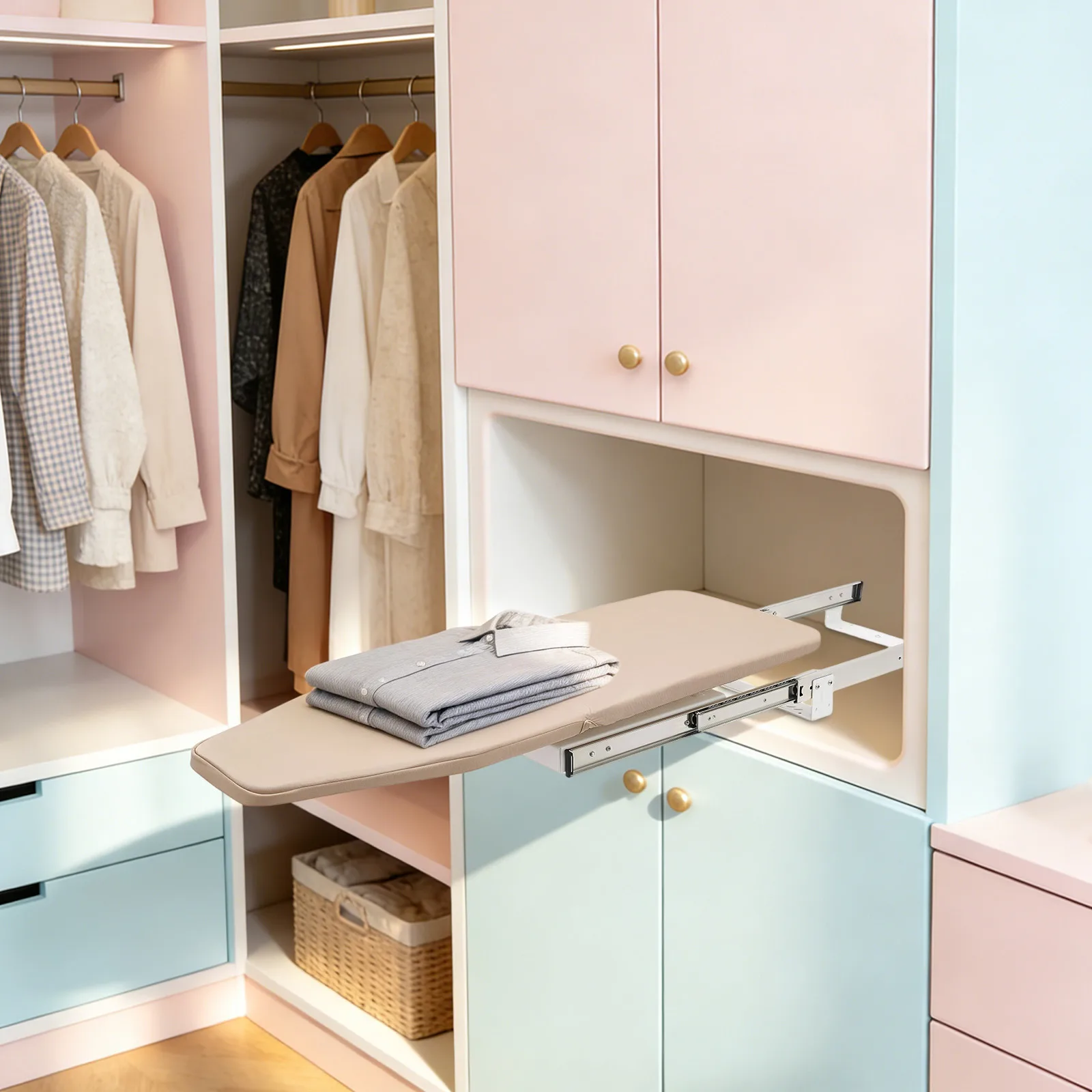 

Space Saving Foldable Ironing Board, Khaki Retractable Iron Board for Wardrobe Mount - Push-Pull 180° Rotation, 45kg Capacity