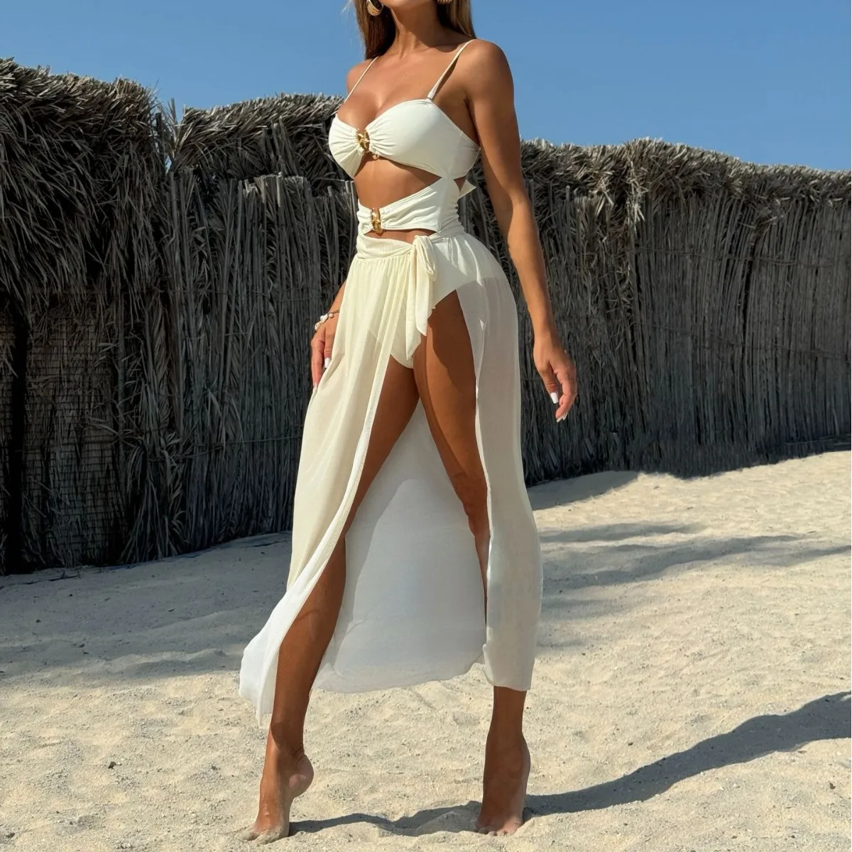 New Solid Color Sexy Mesh Dress Three-piece Swimsuit Bikini