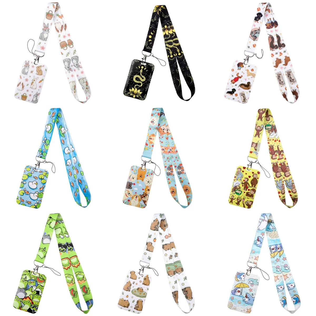 Cute Animal Lanyard with Card Holder Rabbit Dog Duck Frog Print Neck Strap ID Badge Holder Student Office Key Card Case