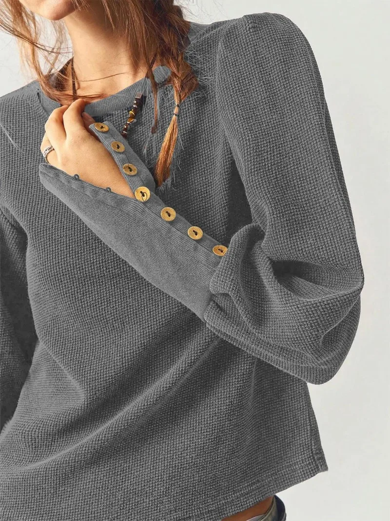 Women Autumn Winter Waffle Knit Sweatshirt Solid Long Sleeve Button Cuff Cropped Top Vintage Loose Casual Warm Pullover Blouse