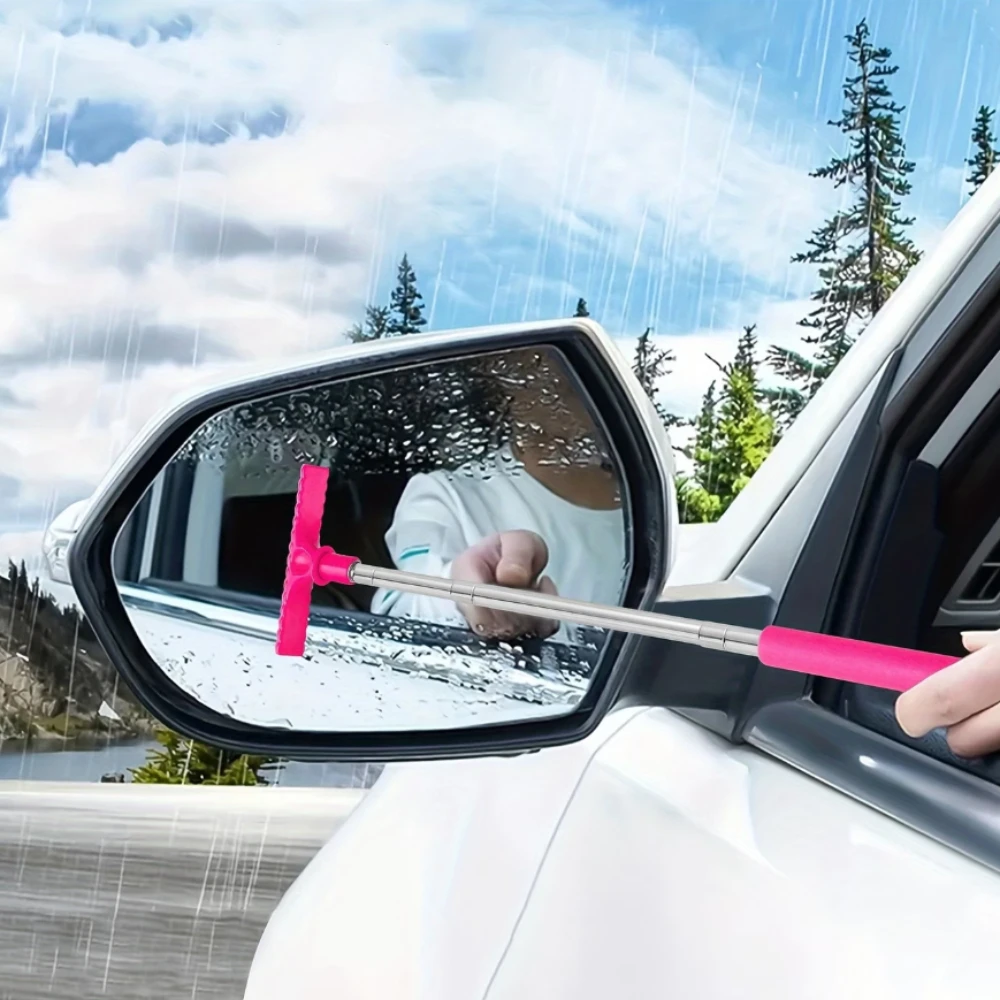 1pc Stainless Steel Motor Rearview Mirror Scraper, Telescopic & Foldable Multi-Layer Brush Head, Handheld Window