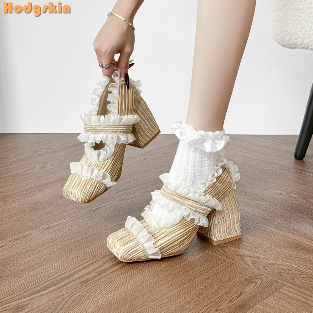 

Sweet Ruffles Platform Pumps White Lace Pleated Ballet Mary Janes Square Toe Chunky Heel Wedding Shoes 2025 Women New Slip-on