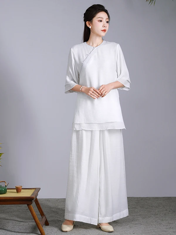 Vêtements de yoga pour femmes Tai Chi coton lin été Faion ensemble blanc Zen Sle fée Aosphère costume deux pièces rond Ne Long...